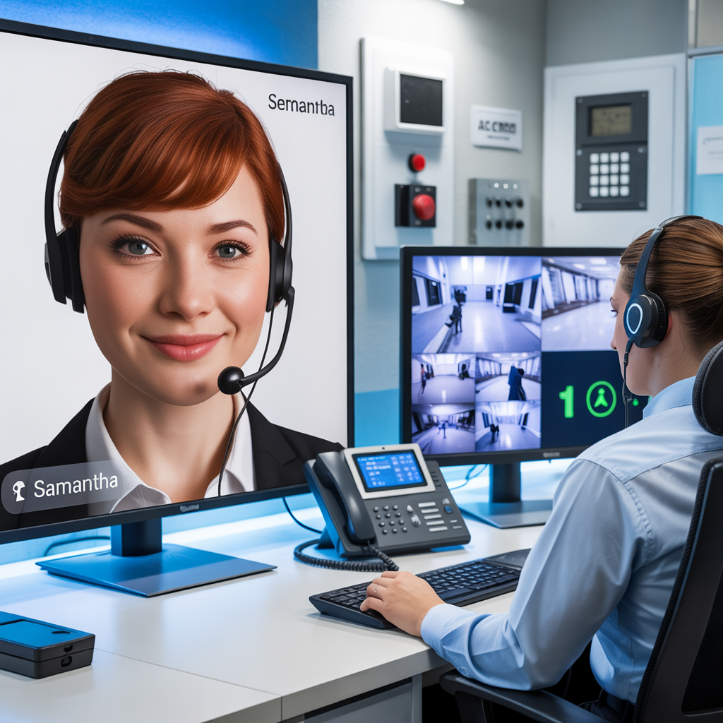 AI voice assistant answering phone calls for security company with live call interface and security monitoring systems in professional office environment